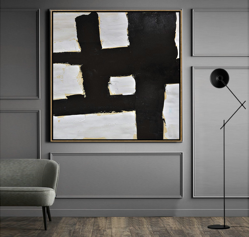 Handmade Large Painting,Handmade Minimal Art Palette Knife Canvas Painting, Black White Beige - Acrylic Painting Wall Art